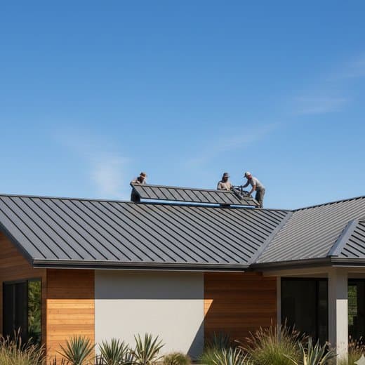 Standing seam metal roof with PVDF coating on a modern San Diego home reflecting sunlight for energy efficiency