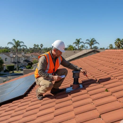 Logos Construction inspector examining roof tiles and flashing during a professional roof inspection in San Diego