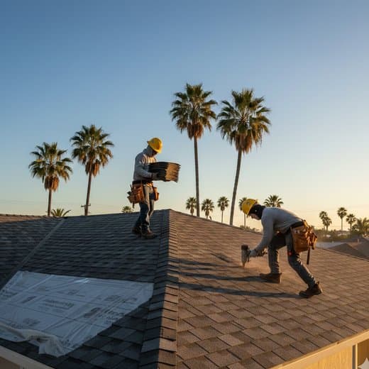 Logos Construction crew installing a new roof on a San Diego home using Owens Corning certified shingles