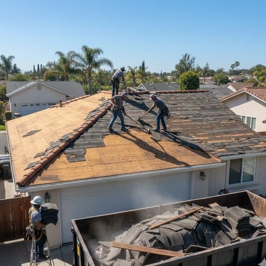 Complete roof tear-off and replacement on a residential home in San Diego by Logos Construction