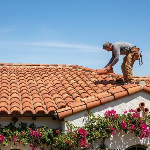 Spanish-style clay tile roof on a Mediterranean home in San Diego installed by Logos Construction