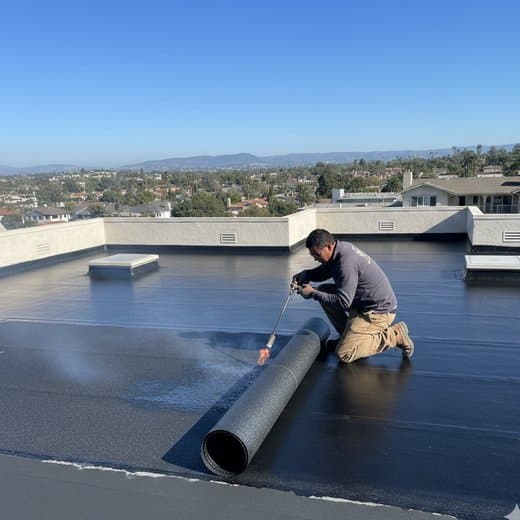 Modified bitumen torch-down membrane being applied to a flat roof on a San Diego mid-century home